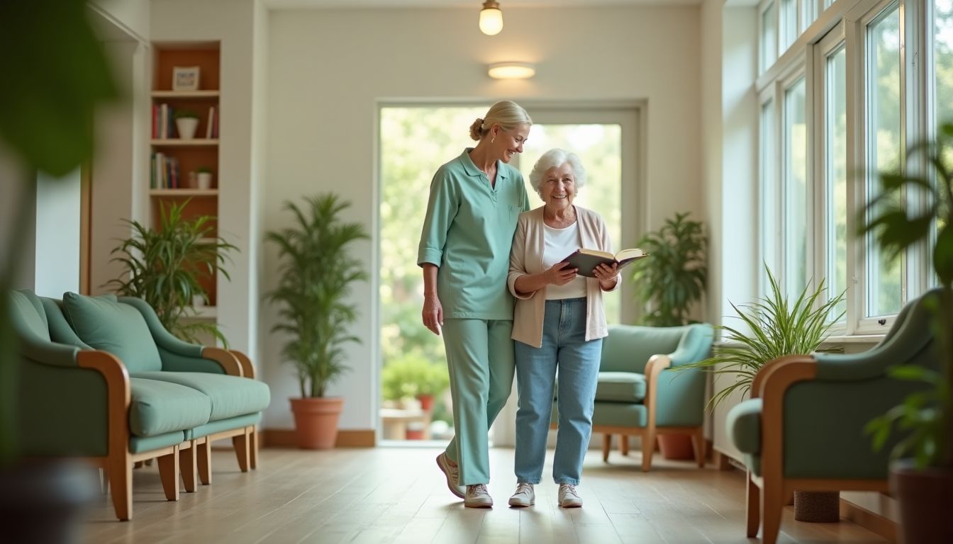 Bright airy assisted-living lounge with soft sage armchairs, a carer walking beside a smiling senior — care options and costs