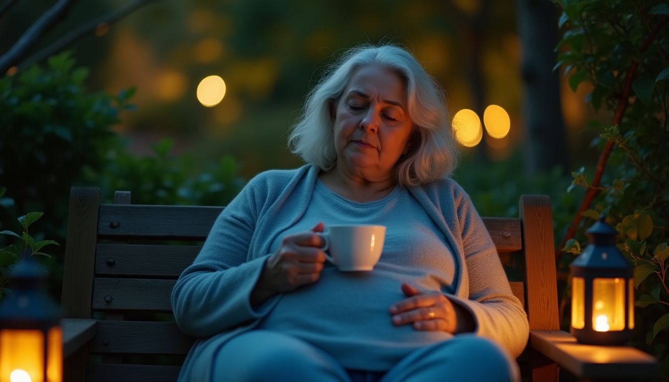 Peaceful dusk photograph of a rested middle-aged carer with a cup of tea in a leafy green garden — carer rest and self-care