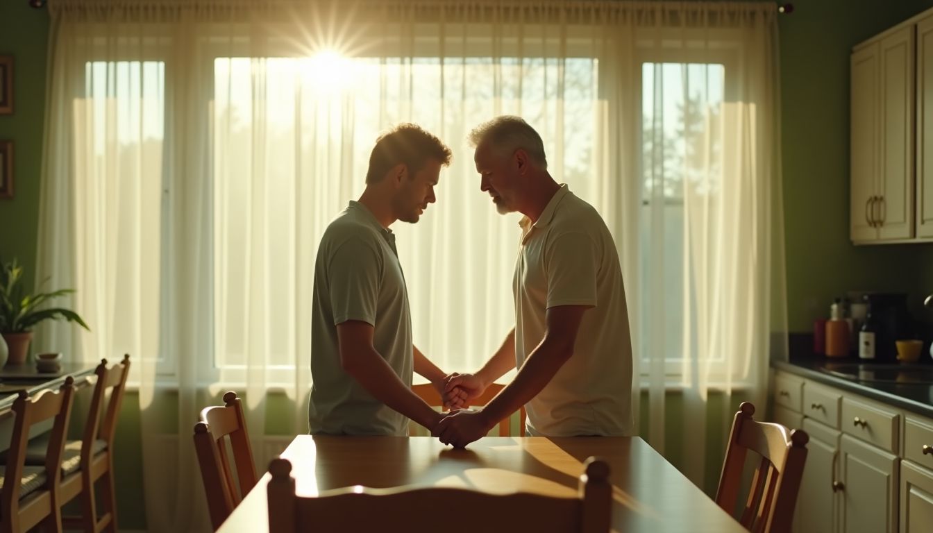 Golden-hour photograph of a daughter kneeling beside her elderly mother's armchair holding her hand, sunlit sage-green living room — family care at home